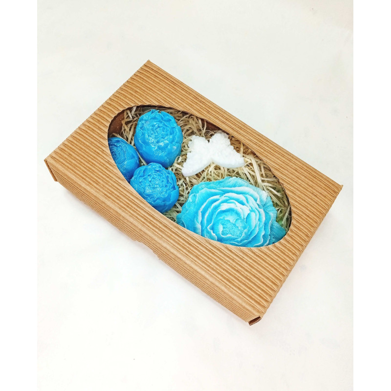 Střední kazeta pivoňka plná, pivoňka poupě, motýlek modrá