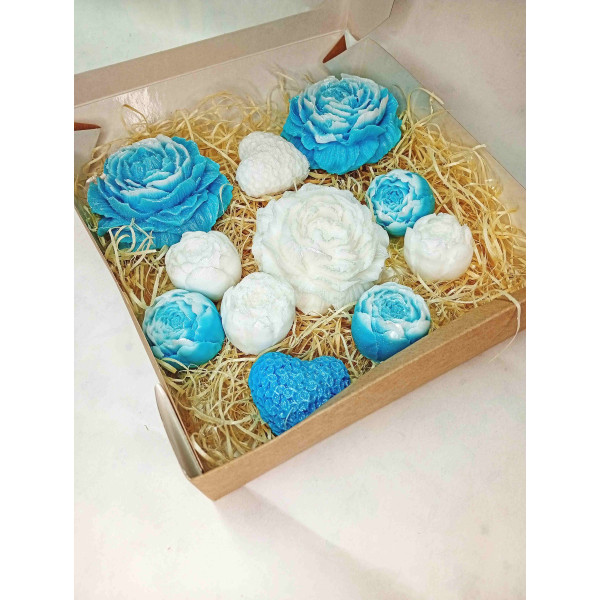 Velká kazeta pivoňka plná, pivoňka poupě, srdíčko, modrobílá